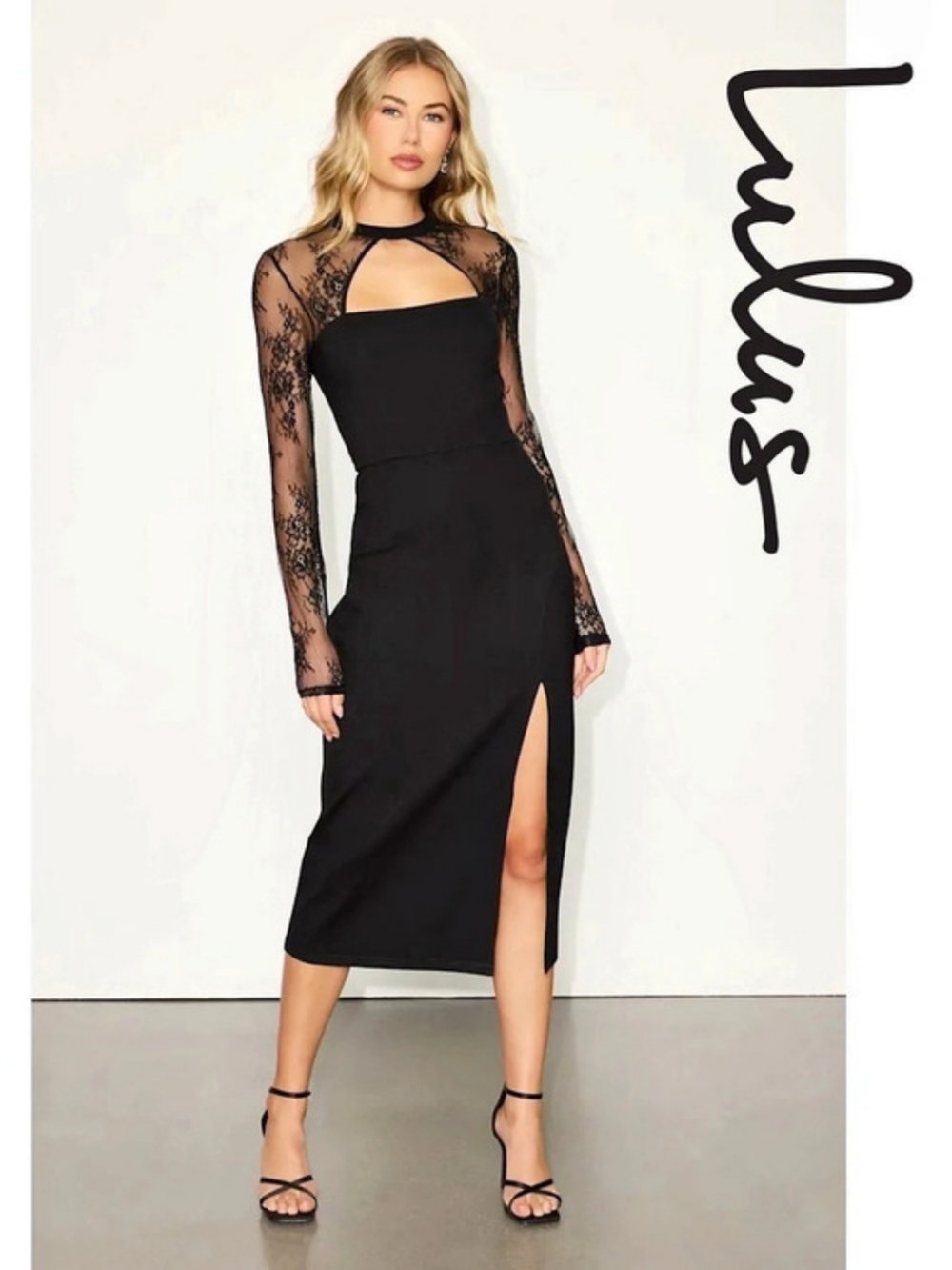 Lulus - Bragging Rights Black Lace Long Sleeve Midi Dress - Small